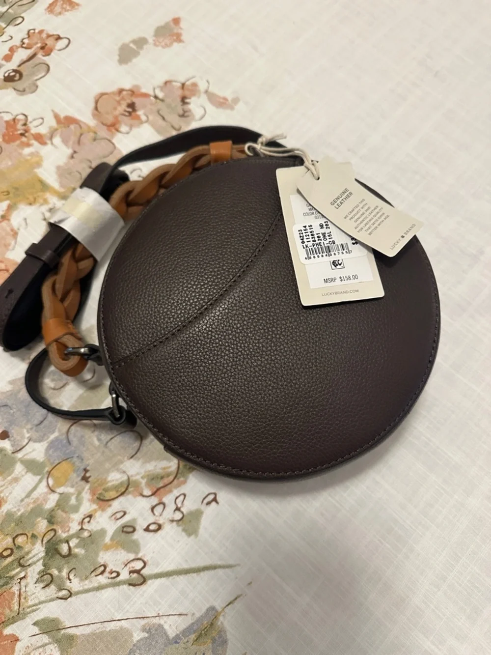 Lucky Brand Round Crossbody Bag in Dark Brown with Tan Braided Handle - Picture 3 of 4